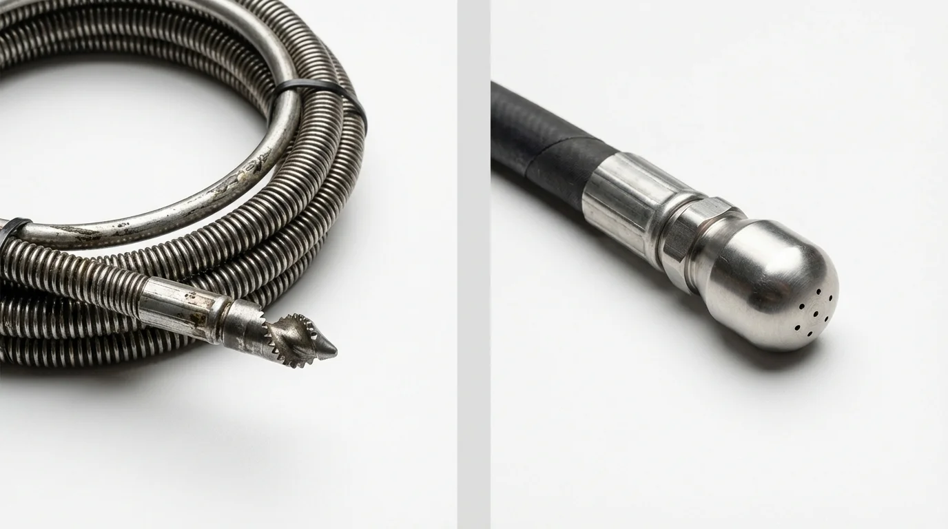 Drain snake cable and hydro jetting nozzle used for drain cleaning in Bethel, AK