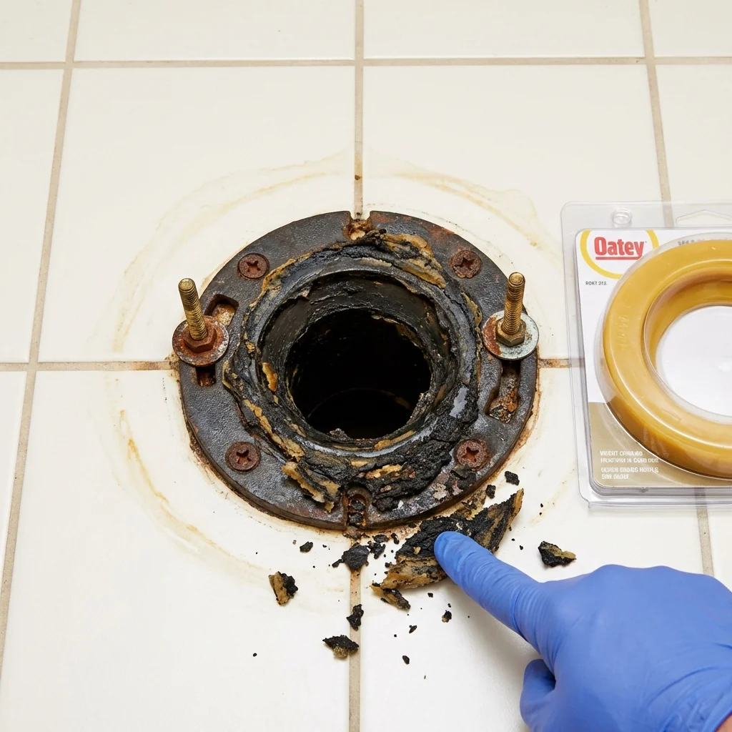 Failed wax ring showing water seepage at the base of a toilet in a Bethel, AK home