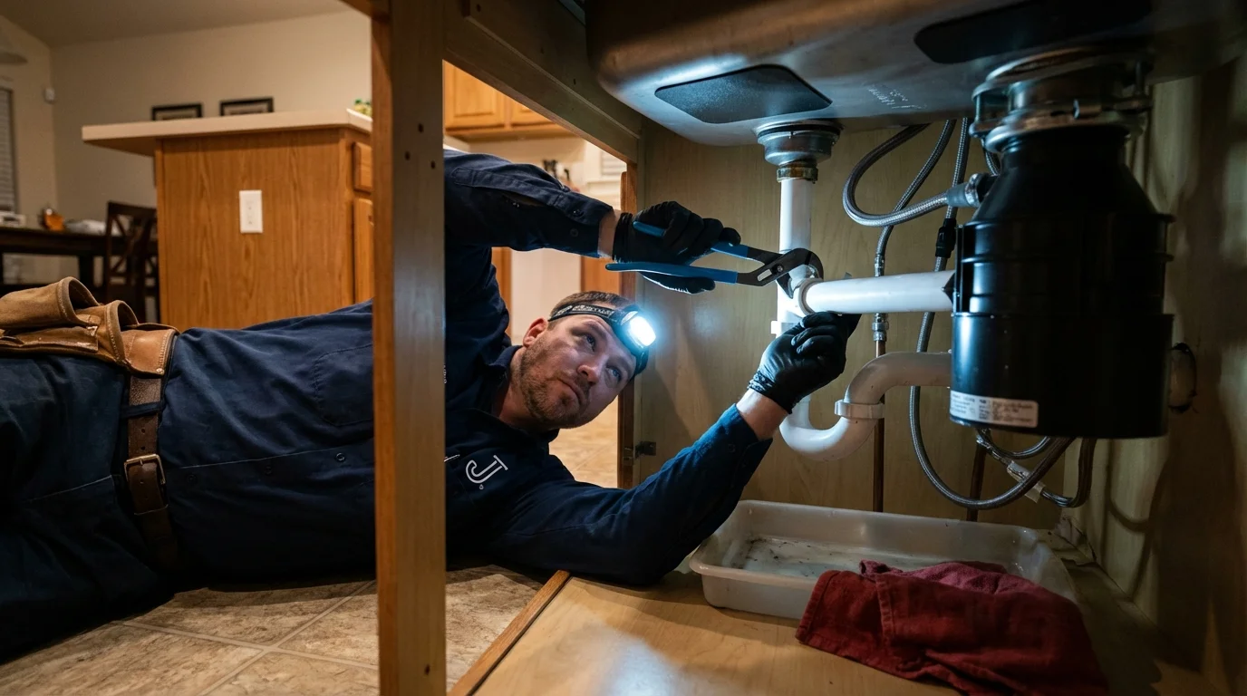 P-trap and supply line connections under a kitchen sink showing a common leak point in Bethel, AK